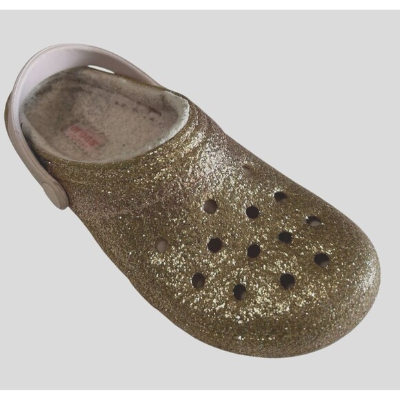 Crocs Classic Kids Girl Lined Glitter Clog  J4 Gold Fuzzy Fur Slip On Flats - Picture 1 of 13